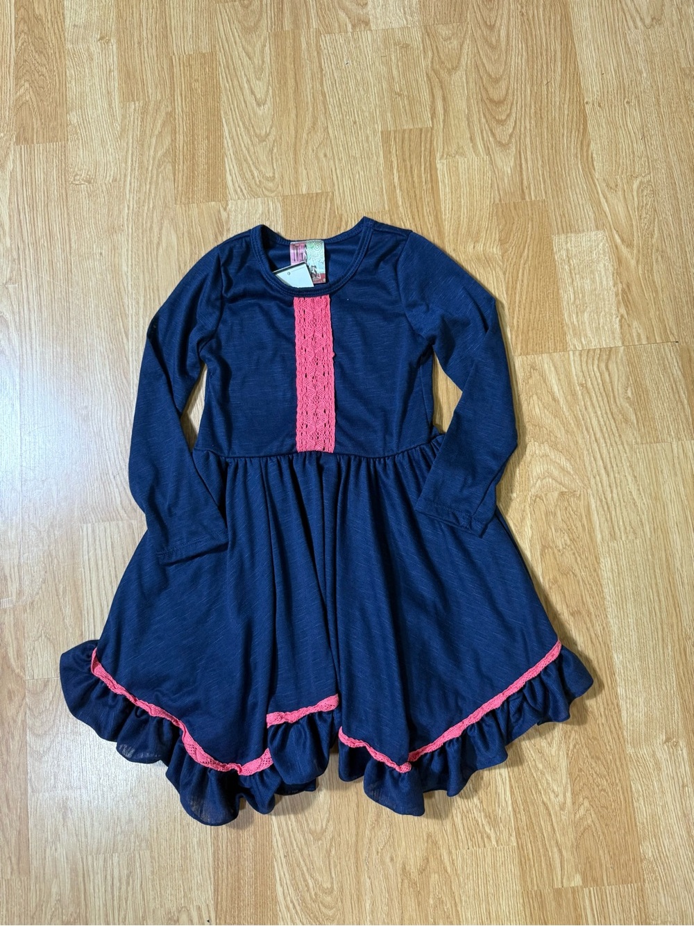 Twirls & Twigs Girl's ' Navy Blue Long-Sleeve Dress with Pink Trim - Size 6